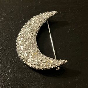 Silver Tone Crescent Moon Rhinestone Accent Brooch